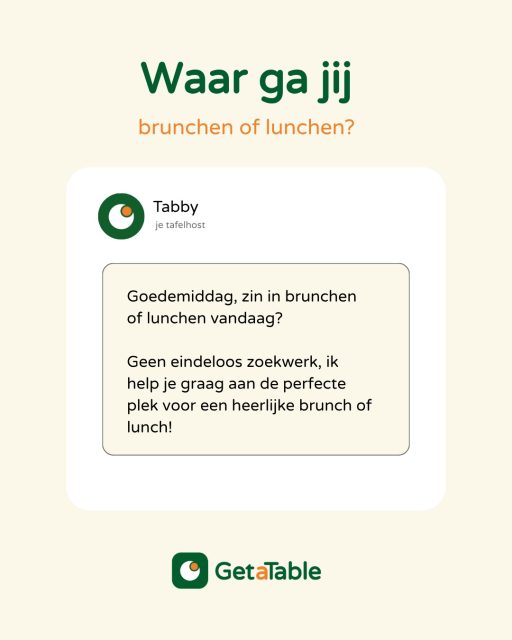 Waar ga jij vandaag brunchen of lunchen? 🥐 Geen appjes heen en weer sturen over waar jullie heen gaan. Vertel Tabby waar je zin in hebt en hij zoekt een plekje…