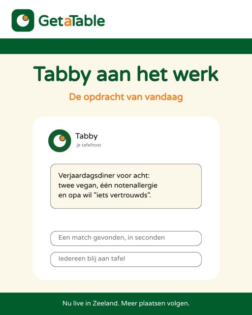 Tabby aan het werk. De opdracht: een verjaardagsdiner voor acht, waarvan twee vegan, één allergisch voor noten en opa die alleen "iets vertrouwds" wil. Klinkt…